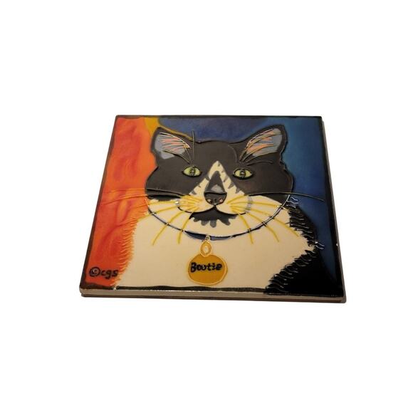 Cat Tile Art Hand-Painted Ceramic Signed Claudia Sanchez Coaster Trivet Decor - Picture 2 of 8